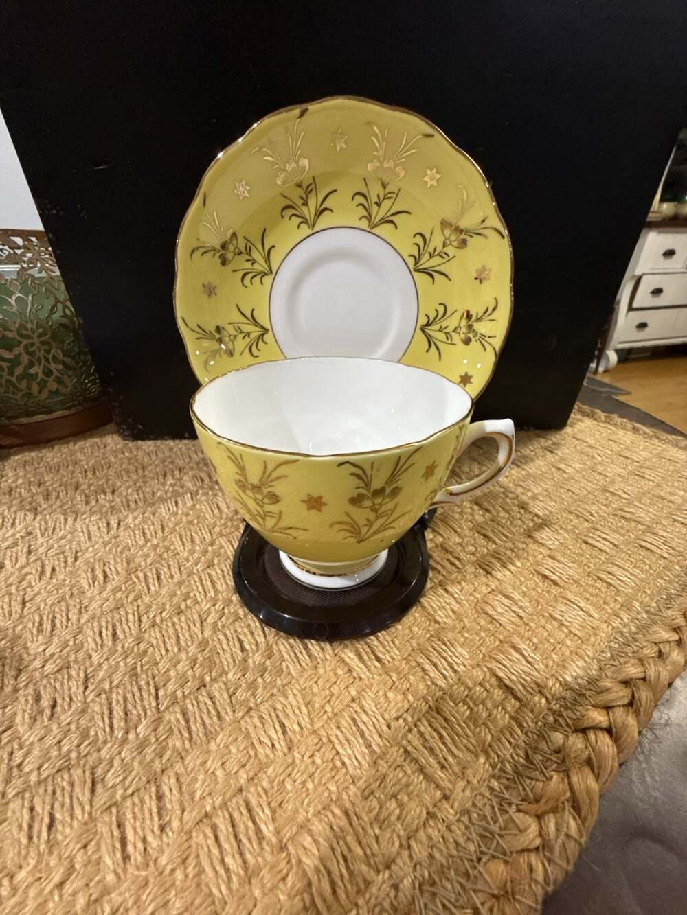 Colclough Bone China Yellow Teacup and Saucer Set with Gold Floral Pattern